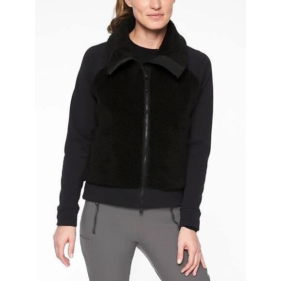 Athleta Jackets & Blazers - Athleta Sweater Womens Medium Black Sherpa Jacket Full Zip Track